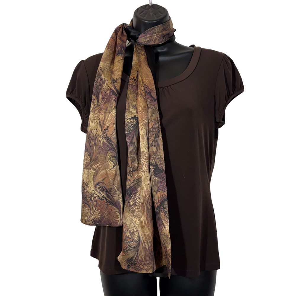 Brown Tan Marbled Print Scarf Vintage, Black Back Long Rectangle Preppy Heritage